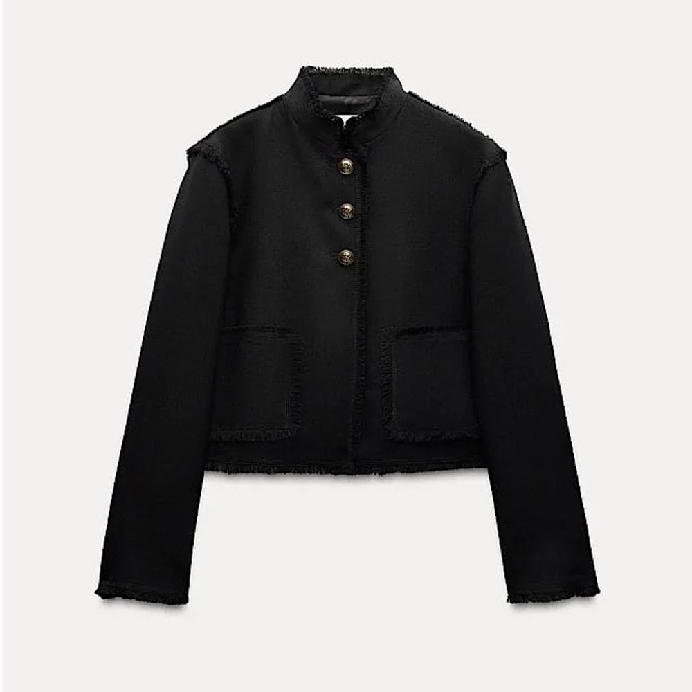 ZARA LIGHTWEIGHT WOOL CROPPED FRINGE TRIM JACKET ZW COLLECTION Black XL